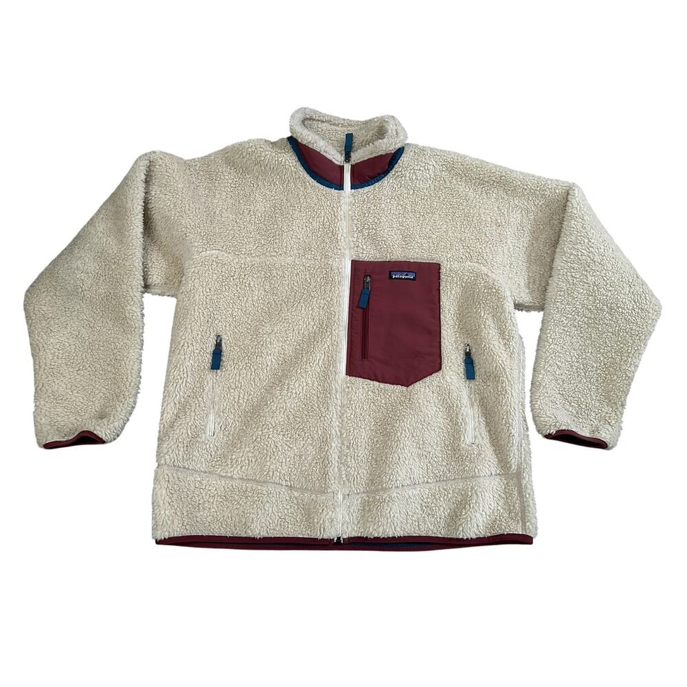 Patagonia Retro X Deep Pile Oatmeal Burgundy Barn Red Full Zip Fleece Mens XL